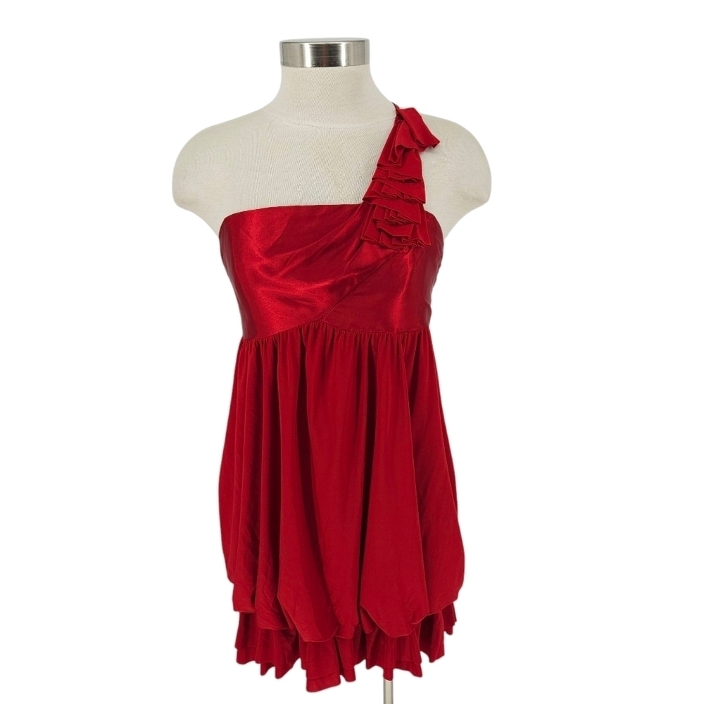Jessica McClintock Bubble Dress Red One Shoulder Ruffle Satin Knit 10